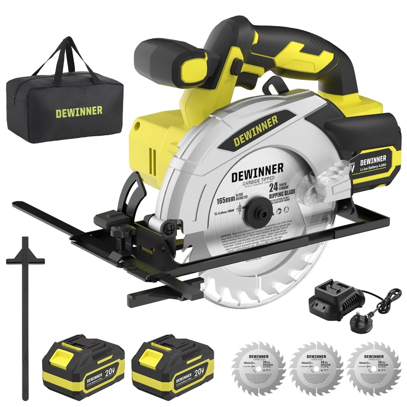 DEWINNER Cordless Circular Saw with 4.0Ah Lithium-Ion Batteries,4000RPM Electric Circular Saw with Electric Brake,Max38mm (45°),54mm (90°),3 * 165mm 24T Blades,Canvas Bag (Two Batteries)