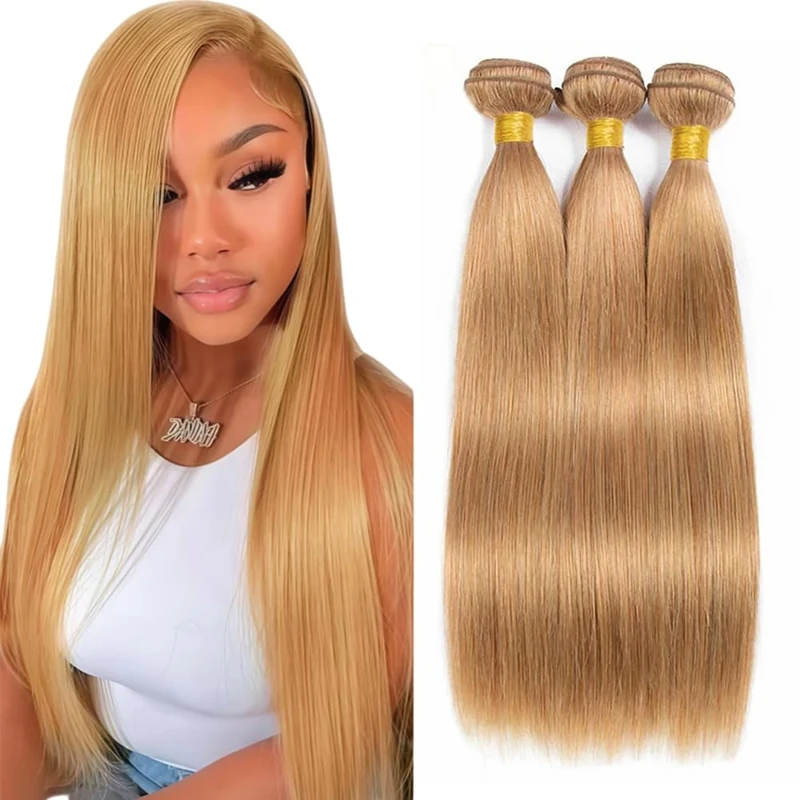 Tuheerst Human Hair Bundles Straight #27 Honey Blonde Color Unprocessed Double Weft Weave 50g/Bundle Total 150g Human Hair Extensions For Women 16 18 20 Inch