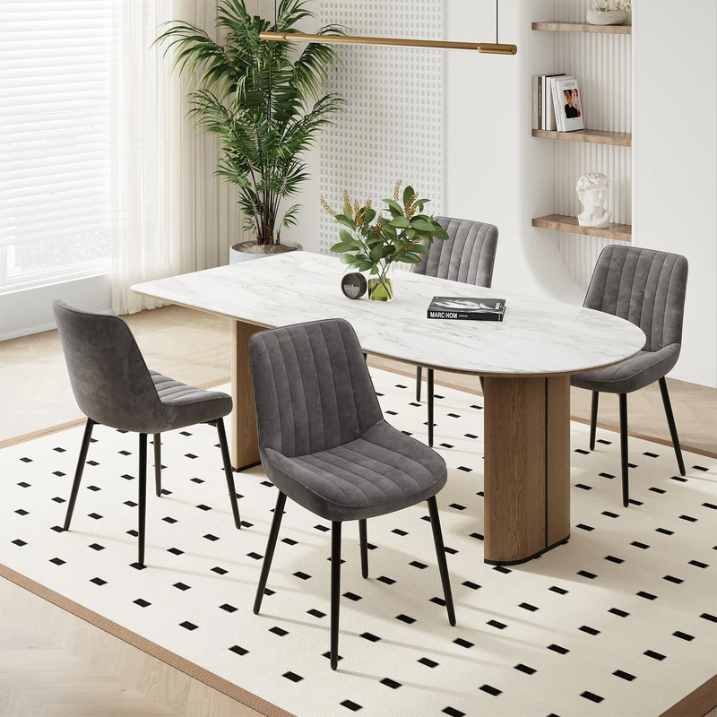 COLAMY Velvet Dining Chairs Set of 4, Velvet Chairs for Dining Room with Metal Legs and Thick Seat Cushion, Upholstered Kitchen Chair with Anti-Slip Pads, Grey