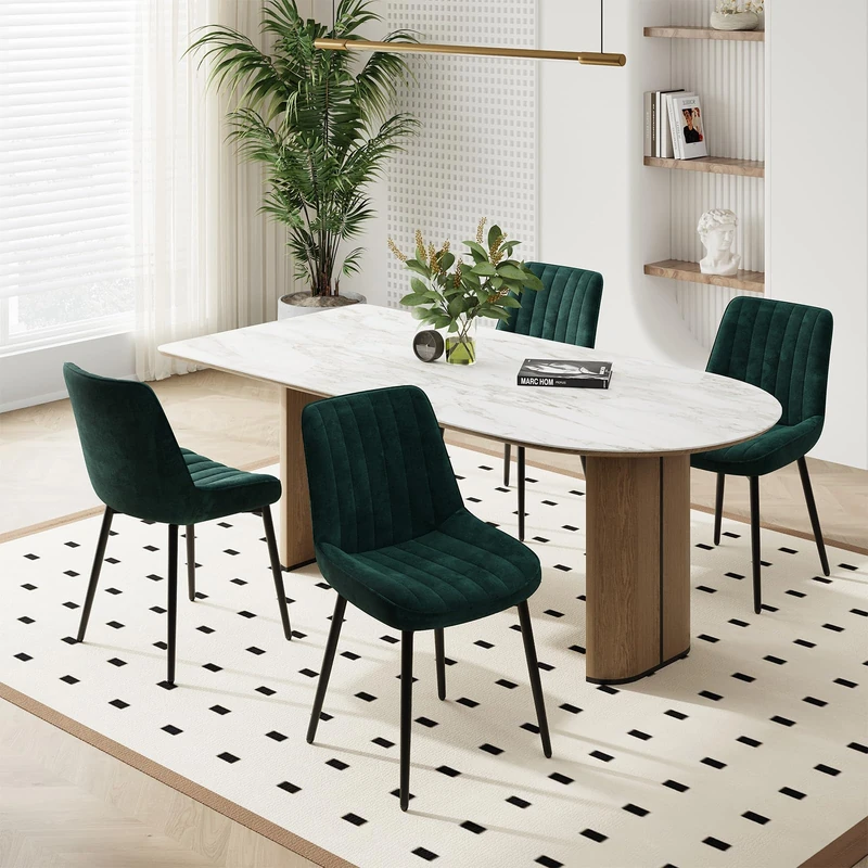 COLAMY Velvet Dining Chairs Set of 4, Velvet Chairs for Dining Room with Metal Legs and Thick Seat Cushion, Upholstered Kitchen Chair with Anti-Slip Pads, Green