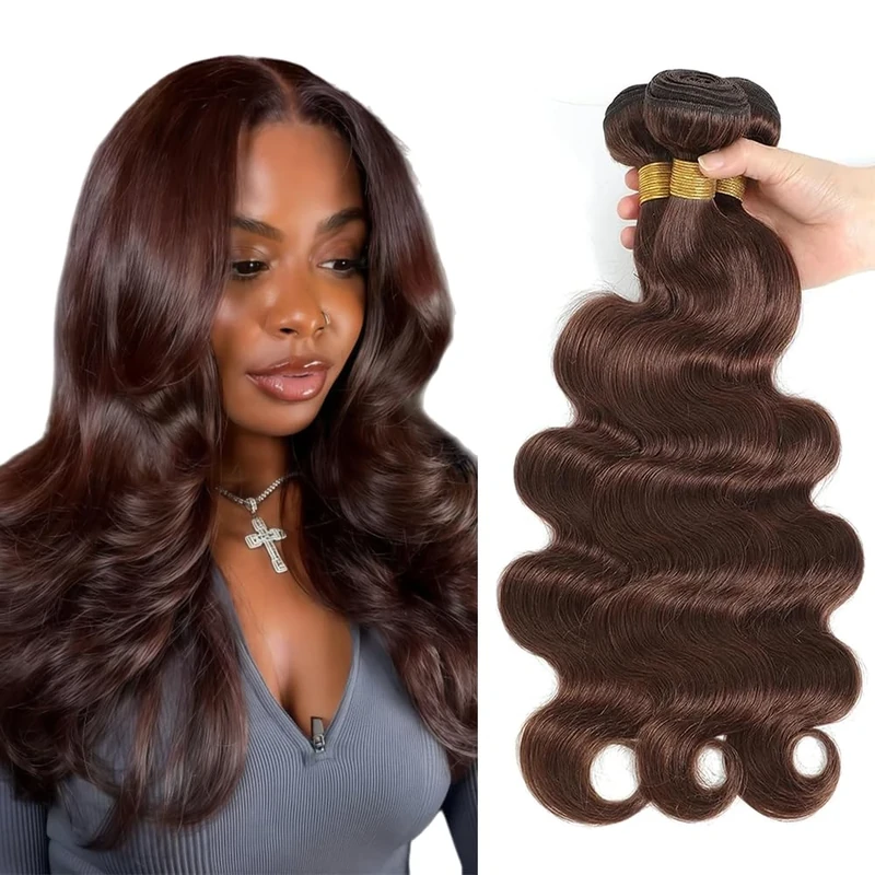 Tuheerst Human Hair Bundles #4 Chocolate Brown Color Body Wave Unprocessed Knotness No Shedding 3 Bundles Total 150g Human Hair Extensions For Women 16 18 20 Inch