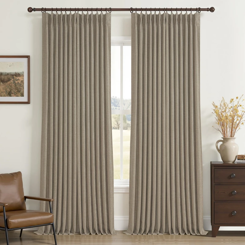 Extra Long Linen Blackout Dining Room Window Curtains 105 Inches 2 Panels Set, Oak Taupe Memory Shape Pinch Pleat Double Layer Heavy Curtain Insulated Sound Dampening Large Living Room Modern Drapes