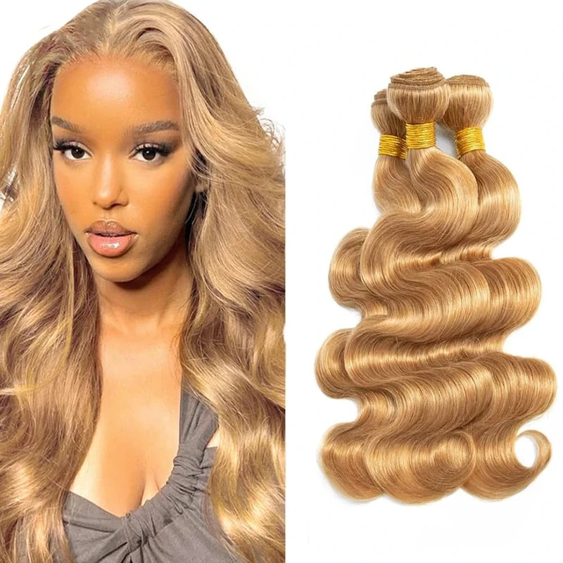Tuheerst Human Hair Bundles Body Wave #27 Honey Blonde Color Soft Texture Tangle Free Glueless 50g/Bundle Total 150g Human Hair Extensions For Women 16 18 20 Inch