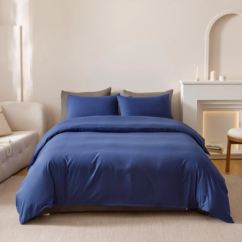 Houseri Royal Blue Comforter Set Full Neutral Navy Bedding Boys Men Japanese Style Solid Blue Vintage Farmhouse Bed Sets Full Size