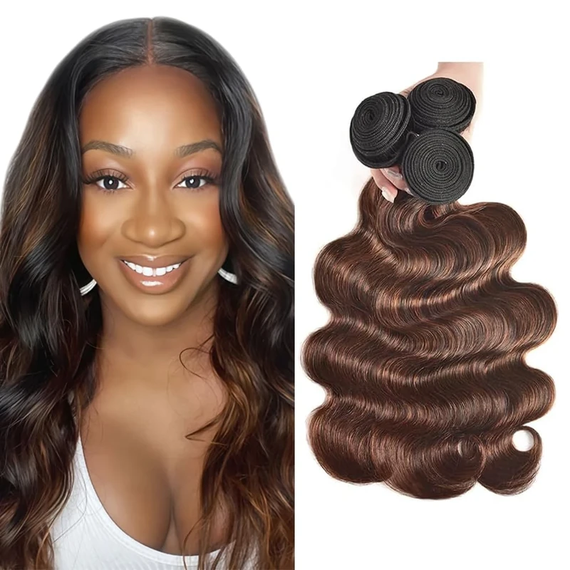 Tuheerst Human Hair Bundles Body Wave P4/30 Highlight Brown Color Double Weft Weave No Tangle Human Hair Extensions For Women 3 Bundles Total 150g 16 18 20 Inch