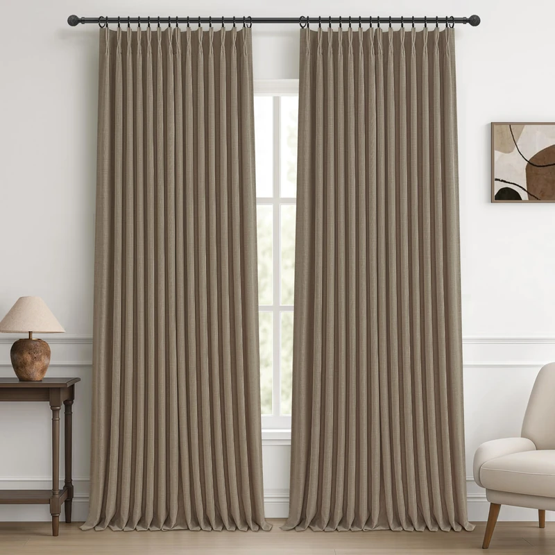 PleatedDrapes 112 Inch Extra Long Natural Linen Dual Layer Curtains for Kids Room 2 Panels Set, Blackout Thermal Memory Shape Pinch Pleated Noise Canceling Privacy Textured Window Drapes with Back Tab