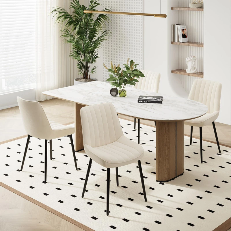 COLAMY Velvet Dining Chairs Set of 4, Velvet Chairs for Dining Room with Metal Legs and Thick Seat Cushion, Upholstered Kitchen Chair with Anti-Slip Pads, Beige