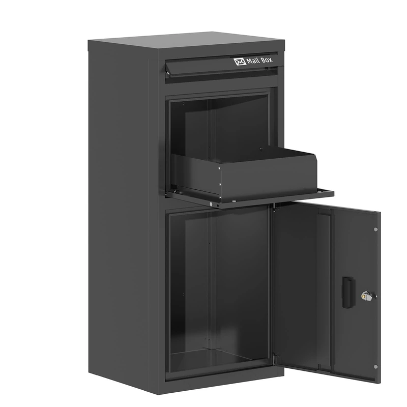 BIRCHTREE Large Parcel Drop Box with Lock & 2 Keys, 101cm Height, Secure Parcel Delivery Box, Weatherproof Outdoor Metal Parcel Box with Anti-Theft Design, Wall or Floor Mounted, Grey