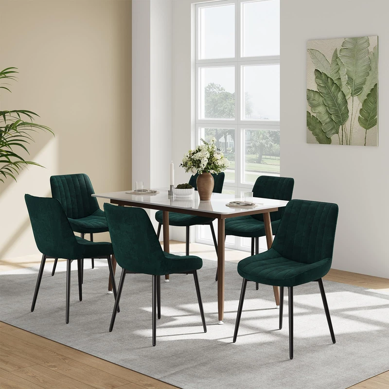 COLAMY Velvet Dining Chairs Set of 6, Velvet Chairs for Dining Room with Metal Legs and Thick Seat Cushion, Upholstered Kitchen Chair with Anti-Slip Pads, Green