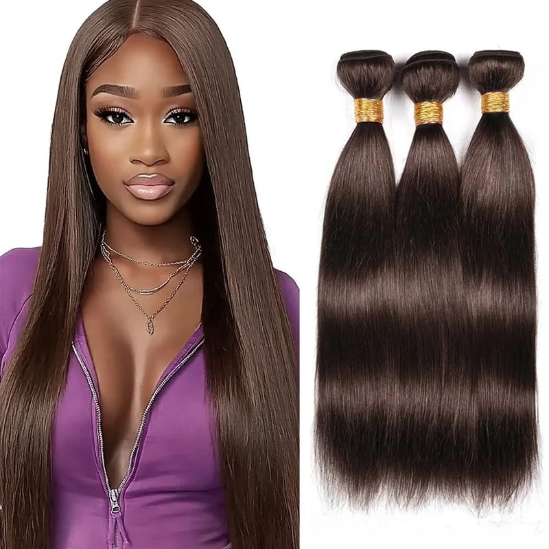 Tuheerst Human Hair Bundles #4 Chocolate Brown Color Straight Unprocessed Pre Plucked Soft Sliky Human Hair Extensions For Women 3 Bundles Total 150g 16 18 20 Inch