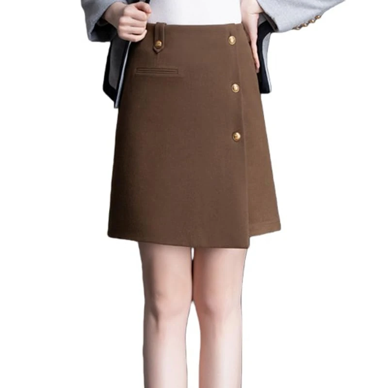RWGSNB Wool Skirts for Women Short Autumn Winter Fashion Asymmetrical Hem Elastic High Waist Split Side A-Line Bodycon Ladies Button Mini Skirt Brown S