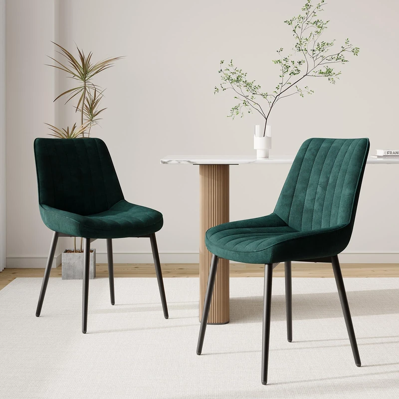 COLAMY Velvet Dining Chairs Set of 2, Velvet Chairs for Dining Room with Metal Legs and Thick Seat Cushion, Upholstered Kitchen Chair with Anti-Slip Pads, Green