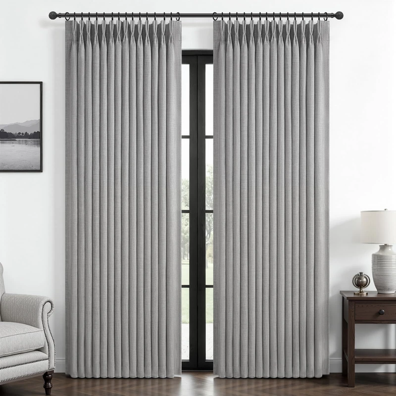 Custom Light Grey Blackout Dining Room Curtains 78 Inches Long 2 Panels Set, Memory Trained Pinch Pleated Double Layer Linen Thermal Noise Reducing Drapes Farmhouse Energy Efficient Windows Curtain