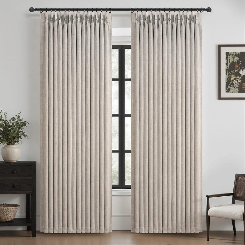 Memory Trained Pinch Pleated Nursery Curtains 78 Inches Long 2 Panels Set, Greyish Beige Blackout Natural Linen Double Layer Heat Blocking Noise Cancelling Rustic Window Drapes for Kids Room Hook Ring