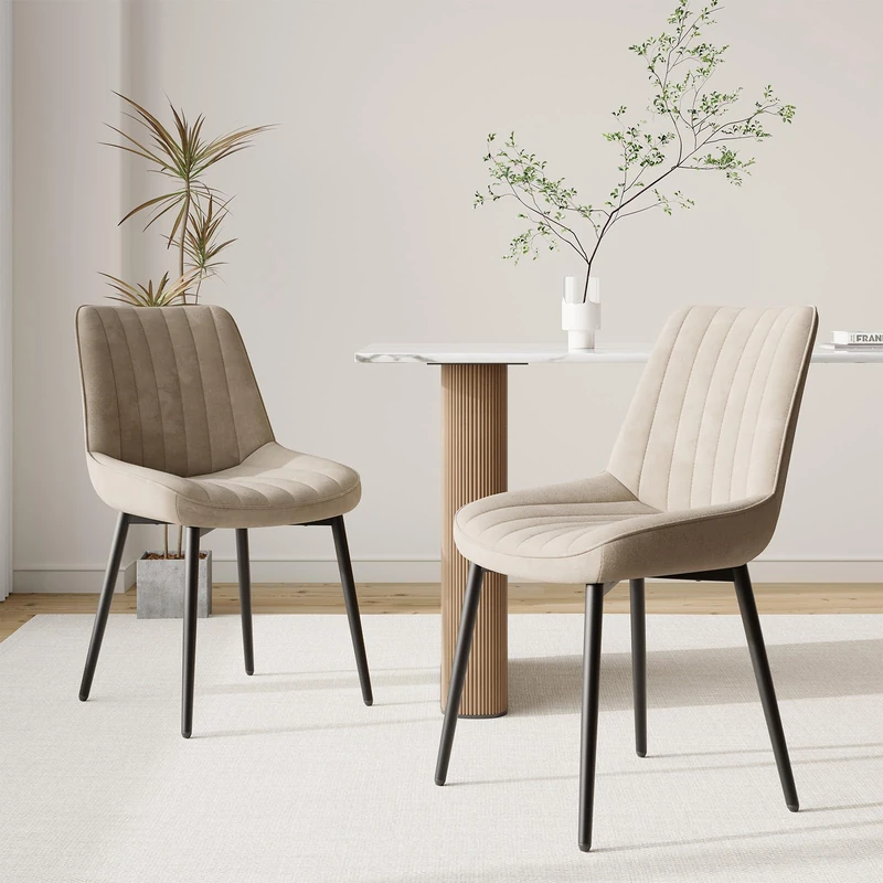 COLAMY Velvet Dining Chairs Set of 2, Velvet Chairs for Dining Room with Metal Legs and Thick Seat Cushion, Upholstered Kitchen Chair with Anti-Slip Pads, Khaki