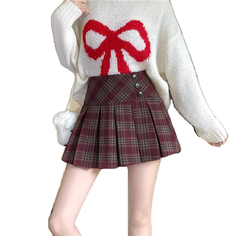 RWGSNB Plaid Mini Skirts for Women Fashion Side Buttons Asymmetrical High Waist A-Line Flared Preppy Style Ladies Wool Skater Skirt Fall Winter Red Xs