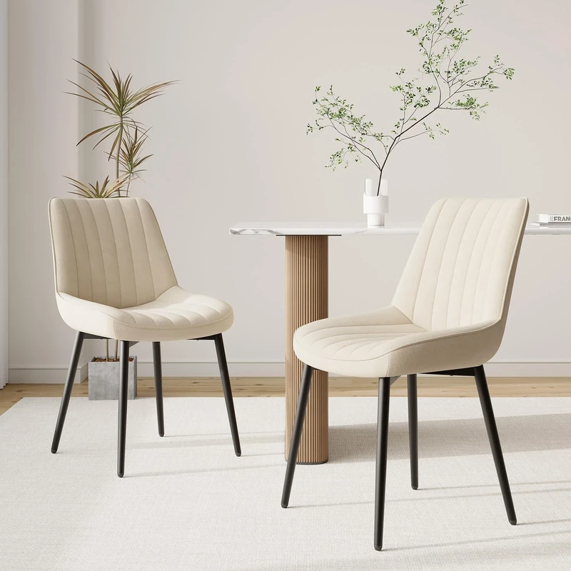 COLAMY Velvet Dining Chairs Set of 2, Chairs for Dining Room with Metal Legs and Thick Seat Cushion, Upholstered Kitchen Chair with Anti-Slip Pads, Beige
