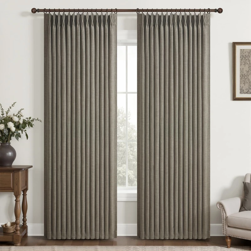 Memory Shape Pinch Pleat Blackout Office Curtains 78 Inches Long, Sepia Ebony Double Layer Thick Linen Noise Cancelling Insulated Cottage Core Windows Drapes for Dining Room 2 Panels Set with Back Tab