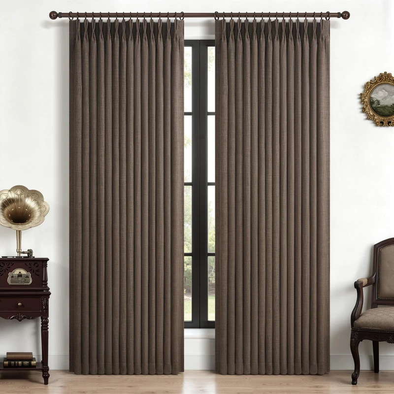 PleatedDrapes Dark Brown Blackout Curtains 86 Inches Long for Kids Bedroom, Memory Shape Pleat Two Layer Flax Linen Thermal Noise Reducing Modern Viral Drapes for 84-86 Inch Length Windows Panels of 2