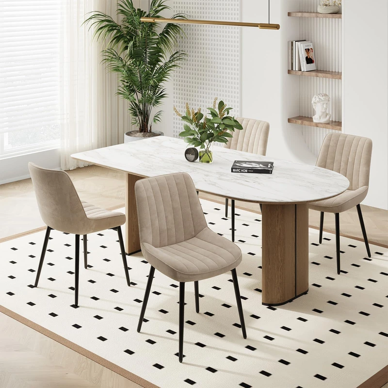 COLAMY Velvet Dining Chairs Set of 4, Velvet Chairs for Dining Room with Metal Legs and Thick Seat Cushion, Upholstered Kitchen Chair with Anti-Slip Pads, Khaki