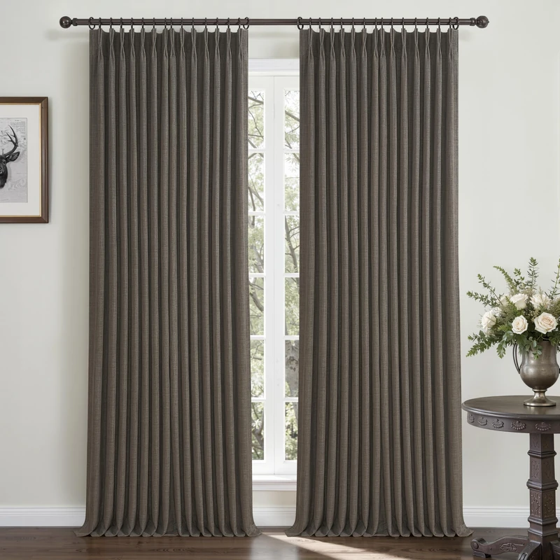 Full Blackout Thick Linen Curtains 105 Inches Long for Room Divider, Chocolate Tart Memory Shape Pinch Pleat Double Layer Thermal Tall Window Drapes Noise Reducing Privacy Neutral Curtain 2 Panels Set