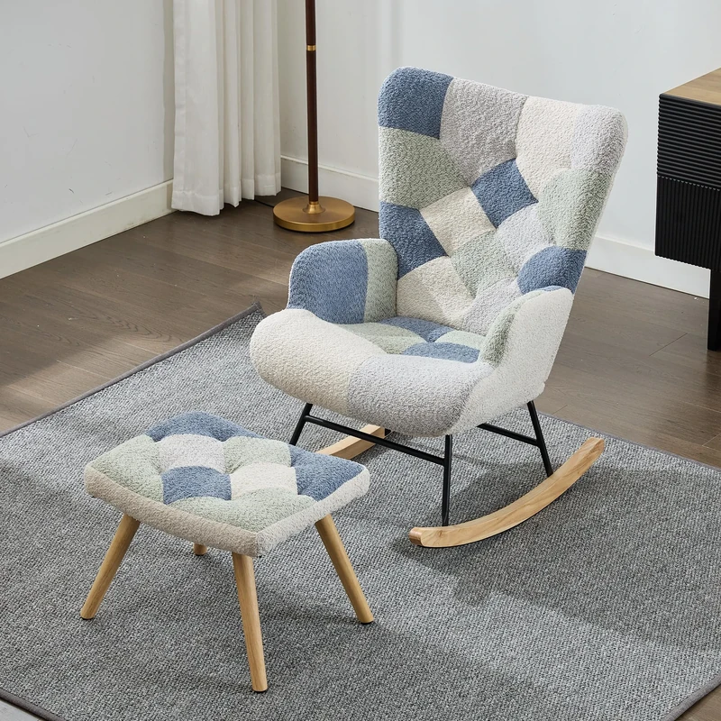 Ball & Cast Rocking Chair for Nursery, Rocking Chair with Footstool, Horizontal Tufted Single Recliner for Living Room Bedroom Office,Multicolour