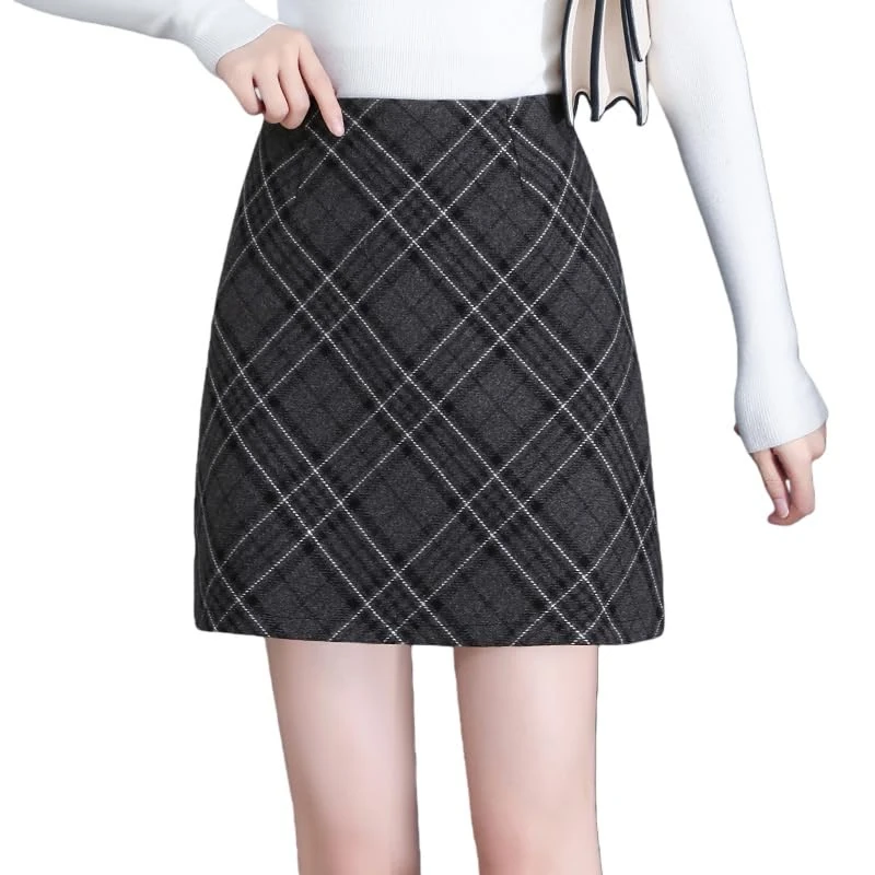 RWGSNB Women Wool Plaid Mini Skirts Vintage Checked Pattern Casual Work Office High Waist A Line Fall Winter Bodycon Pencil Skirt for Ladies Gray L
