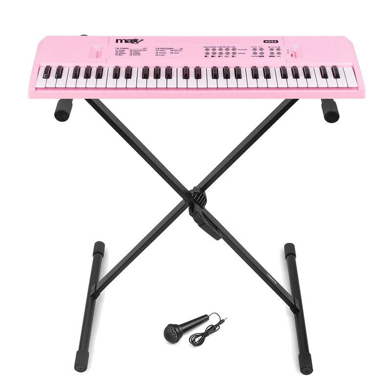 MAX KD54P pink portable electronic music keyboard set with folding stand, 54 full-size keys, built-in rechargeable battery for up to 8 hours, duo speaker system, and wired microphone