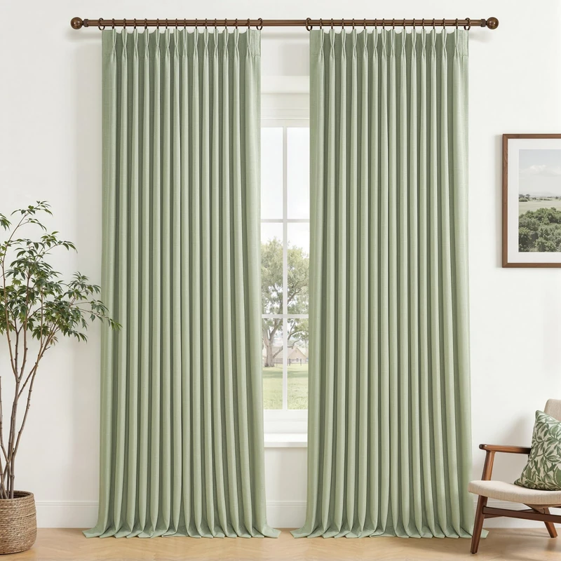 Sage Green Pinch Pleat Flax Linen 92 Inch Bedroom Curtains 2 Panels Set, Memory Trained Blackout Noise Cancelling Dual Layer Drapes Thermal Elegant Windows Curtain for Living Room 90-92 Inches Long
