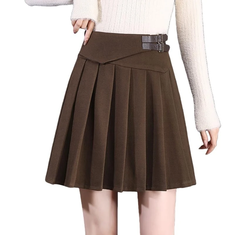 RWGSNB Mini Pleated Skirts for Women Autumn Winter Fashion Asymmetrical High Waisted A-Line Flared Skort Ladies Wool Skater Skirt with Leather Belt Brown XL
