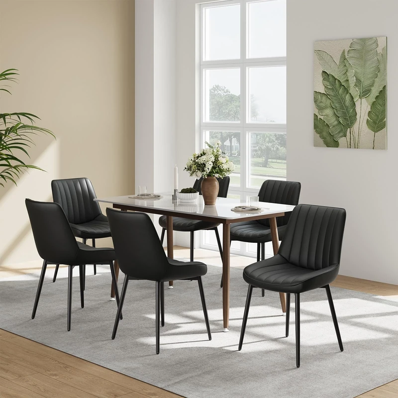 COLAMY Black Dining Chairs Set of 6,Technology Fabric Chairs for Dining Room with Metal Legs and Thick Seat Cushion, Upholstered Kitchen Chair with Anti-Slip Pads