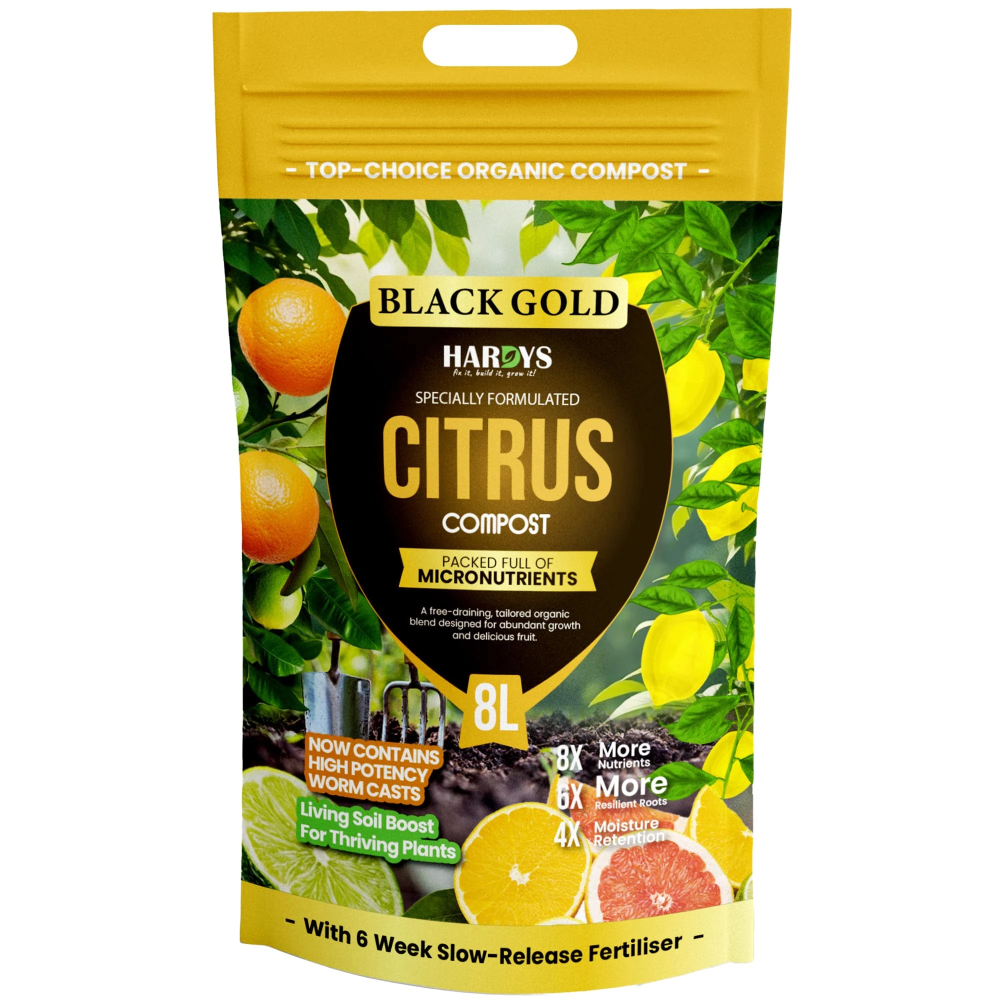 Hardys Black Gold Citrus Compost, 8L - 100% Organic Compost Soil Mix with Natural Worm Cast Fertiliser - Organic Soil Enhancer for Lemon, Lime, Orange Trees - Citrus NPK Balanced