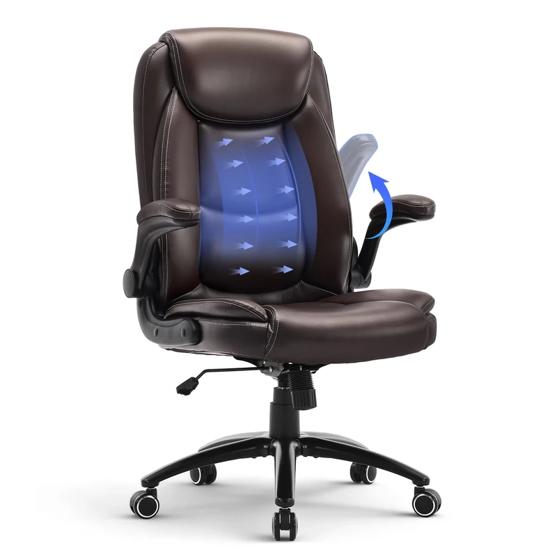 COLAMY Leather Executive Office Chair, Ergonomic Computer Chair with High Back, Spring Cushion Desk Chair for Home Office with Padded Flip-up Arm, Adjustable Tilt Lock, Brown