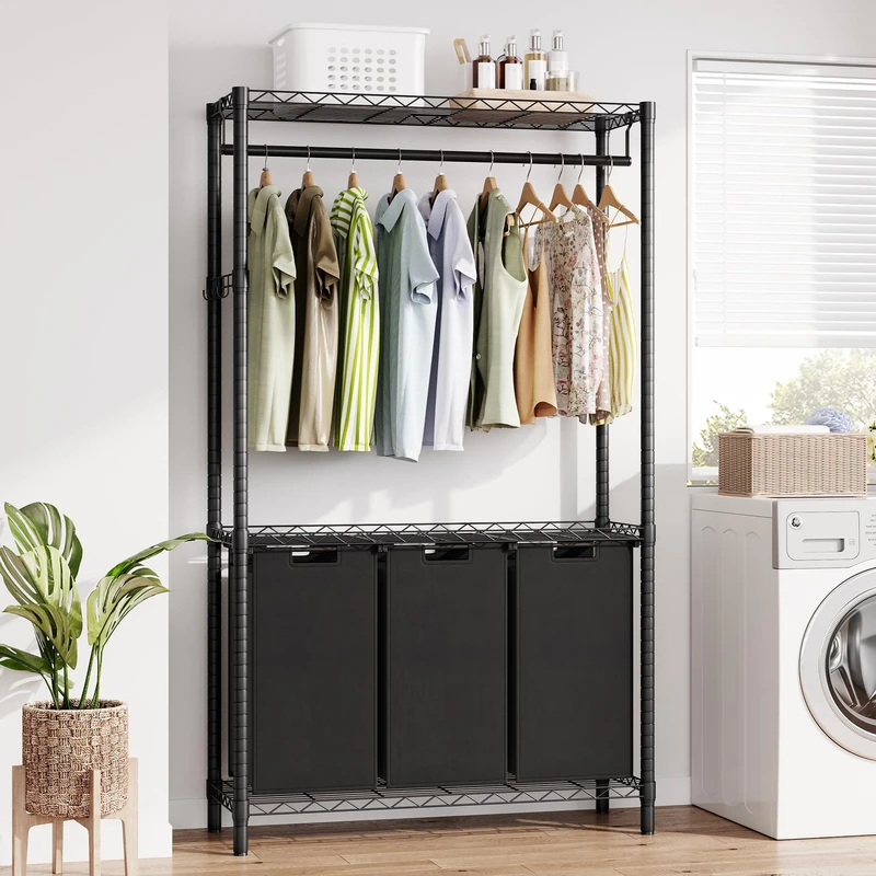 Laundry Hamper, 3 Compartments, Laundry Basket with Shelf, 3 x 49 L Laundry Box with Wheels, Laundry Bag Made of Oxford Fabric, Removable, Metal Frame, 95 x 32 x 176 cm, Black - Image 1