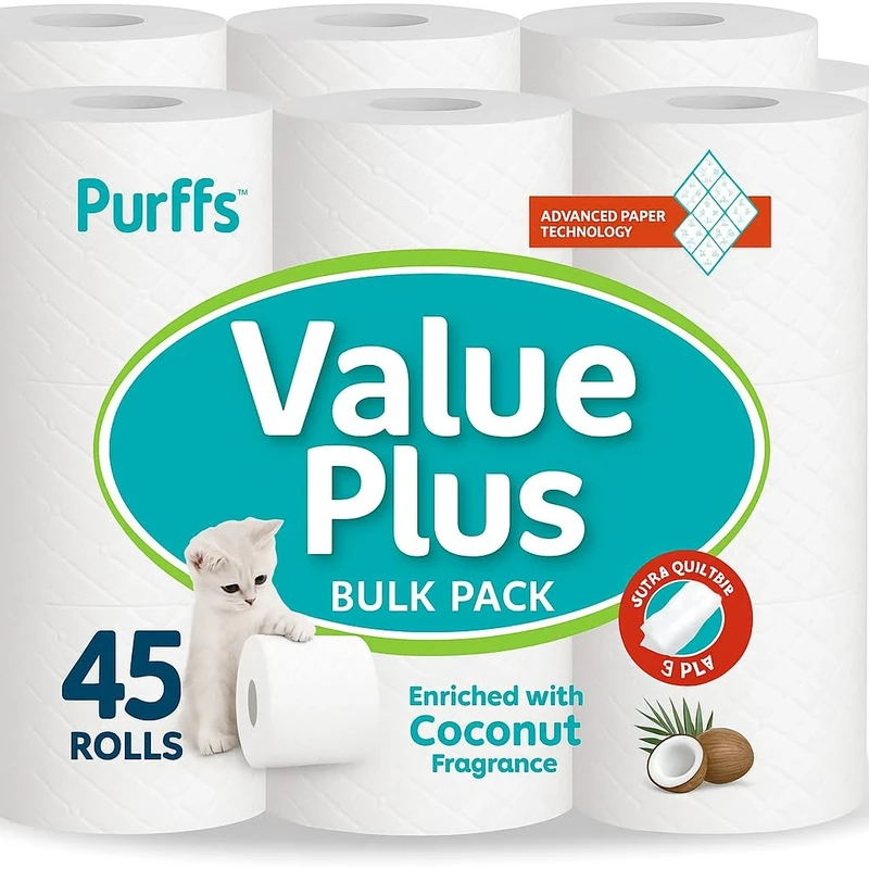 Value Plus 3-Ply Quilted & Embossed Toilet Paper with Coconut | Ultra Soft, Strong & Skin Kind | Premium Bathroom Tissue | 100% Virgin Pulp | Bulk Pack Loo 45 Rolls