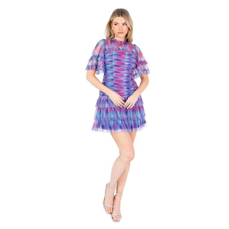 Anaya with Love Women's Mini Dress Ladies Recycled High Neck Short Sleeve Ruched Tulle Frill Tiered Skirt Abstract Watercolour Print, Multicoloured 12
