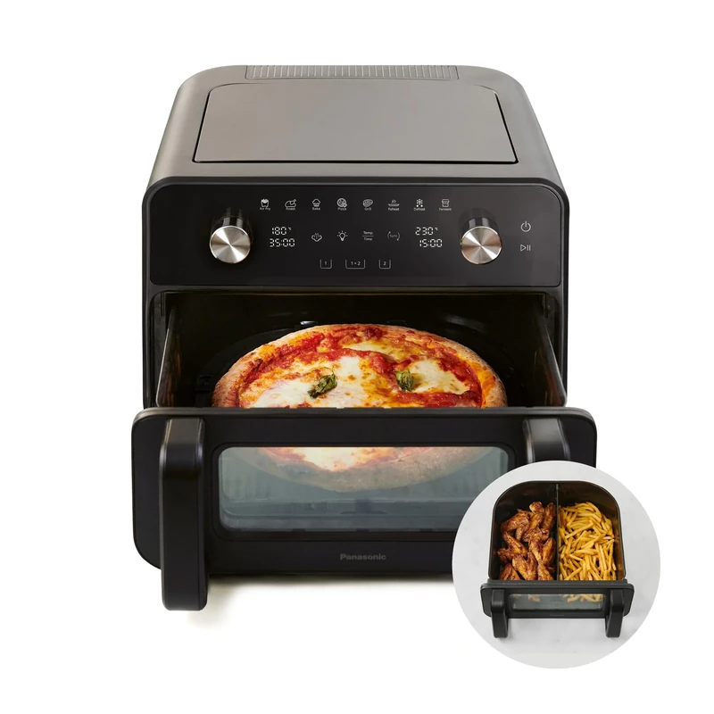 Panasonic NF-BC1000 Flex Air Fryer with Viewing Window, XL Flexible Basket, Basket Divider, 9.6L, 30°-230°C, Gentle Steam, 8 Presets, Easy Clean, Black