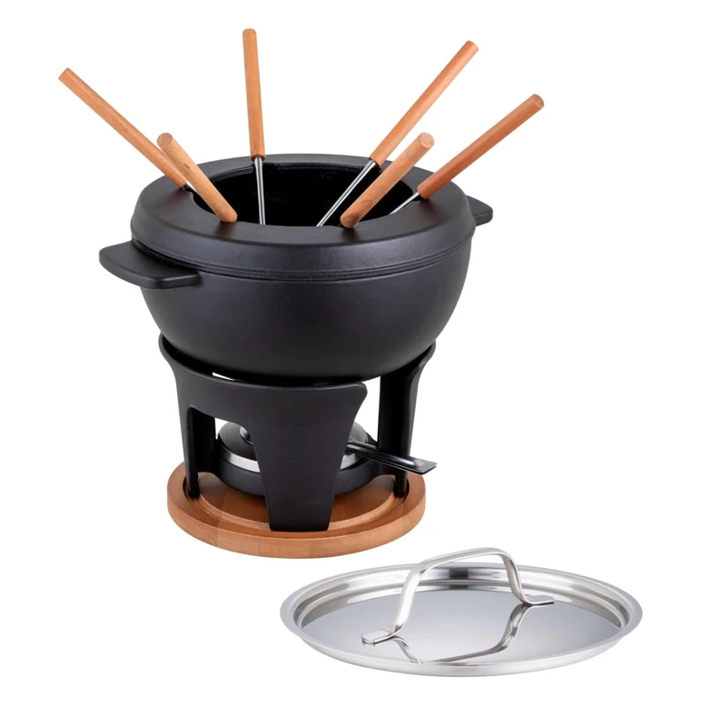 Kuhn Rikon Cheese & Meat Fondue Set Glacier Cast Iron 2.0L 25cm, Induction Fondue Pot Set for 4-6, Hot Pot, Rechaud, Burner, 6 Forks, Splash Guard, Wooden Base