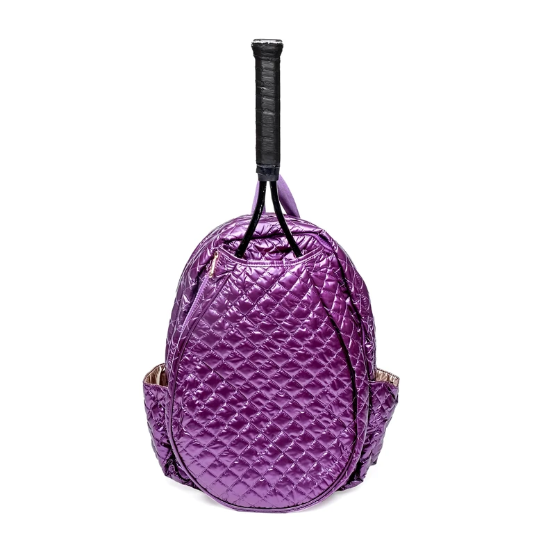Women’s Quilted Tennis Racquet Backpack – Lightweight Padded Nylon Bag with Front Racquet Compartment, Side Pockets, Hidden Fence Hook & Reinforced Bottom - Purple