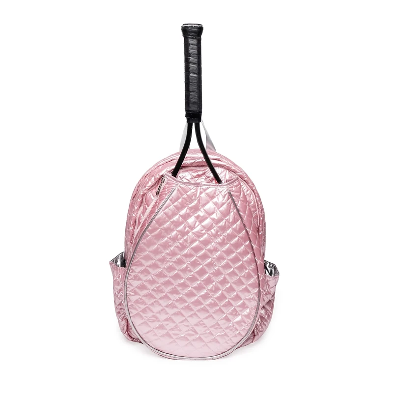 Women’s Quilted Tennis Racquet Backpack – Lightweight Padded Nylon Bag with Front Racquet Compartment, Side Pockets, Hidden Fence Hook & Reinforced Bottom - Pink
