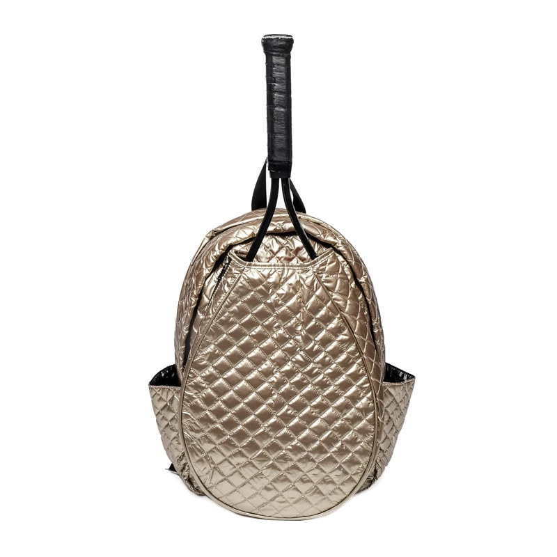 Women’s Quilted Tennis Racquet Backpack – Lightweight Padded Nylon Bag with Front Racquet Compartment, Side Pockets, Hidden Fence Hook & Reinforced Bottom - Gold
