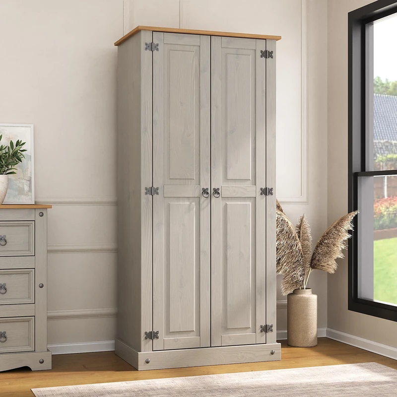 Corona Wardrobe 2 Door with Hanging Rail Shelf Mexican Solid Pine Wood (Grey)