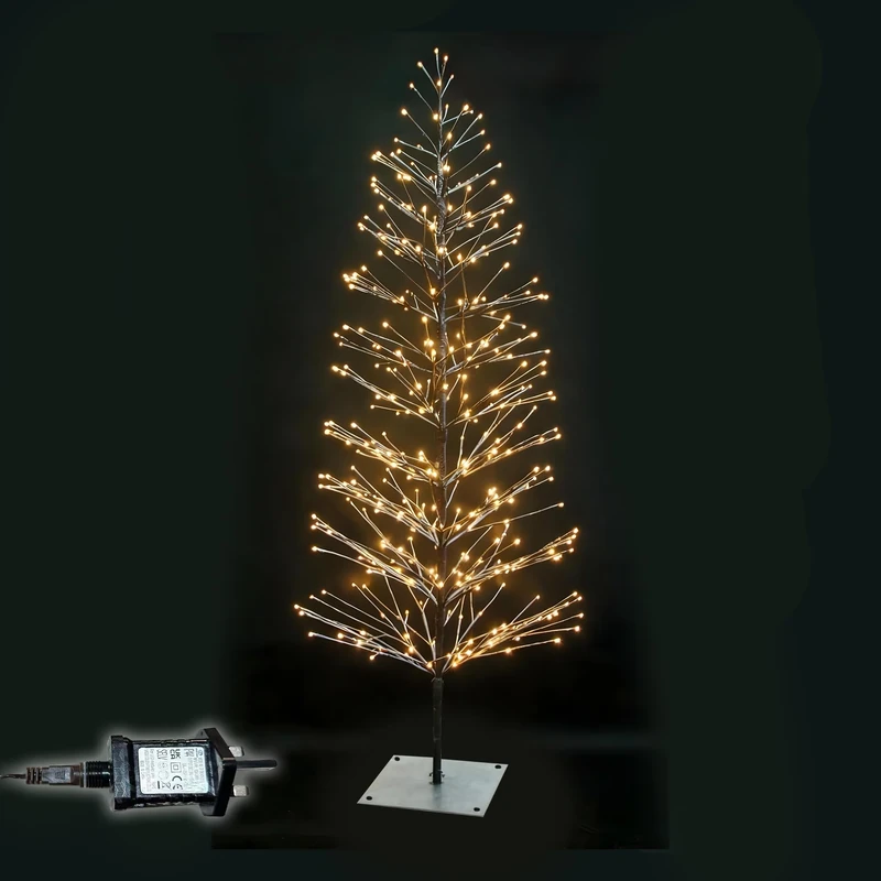 6Ft/1.8m Pre-Lit Brown Snowy Twig Christmas Tree – 160 Wam White Micro LEDs – Mains Operated - Snow Flocked Birch Tree Xmas Home Light Decoration