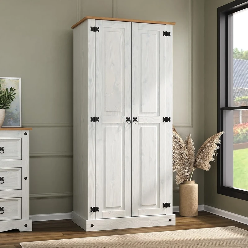 Corona Wardrobe 2 Door with Hanging Rail Shelf Mexican Solid Pine Wood (White)