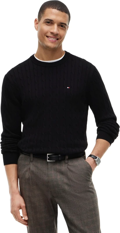 Tommy Hilfiger Men's, Classic Cotton Cable Crew Neck Mw0Mw33132, Pullover Sweater, Black, S - Image 1
