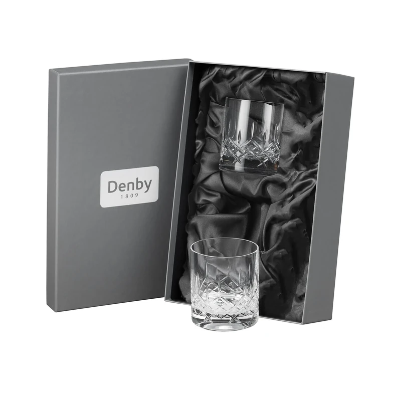 Denby - Celeste Crystal Small Tumbler Glasses Set of 2-360ml Short, Lead-Free, Hand Blown, Hand Cut - Juice, Water Glass - Dishwasher Safe - Whisky, Rum On The Rocks Cocktail Glasses with Gift Box