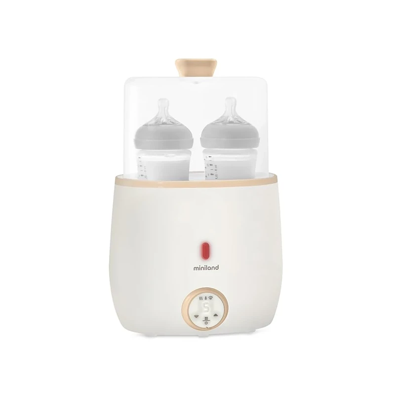 Miniland Warmy Twin Baby Bottle Warmer and Sterilizer, 2 in 1 Fast Heating Baby Food with Digital Display, Precise Temperature Control for Breast Milk (Beige)