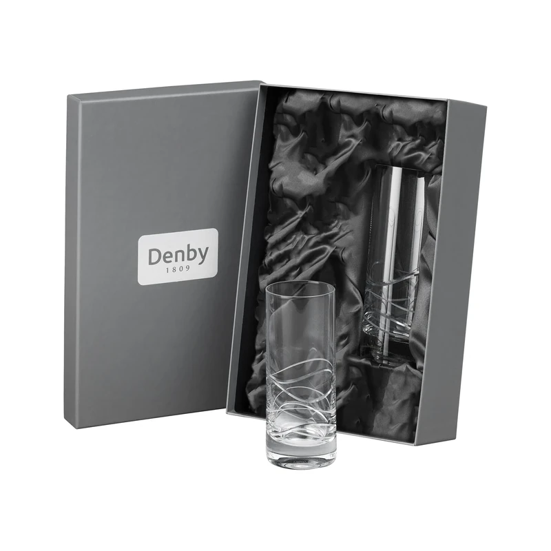 Denby - Aurora Crystal Large Tumbler Glasses Set of 2-370ml Highball, Lead-Free, Hand Blown, Hand Cut Design - Juice, Water Glass - Dishwasher Safe - Tall Cocktail Glasses with Gift Box