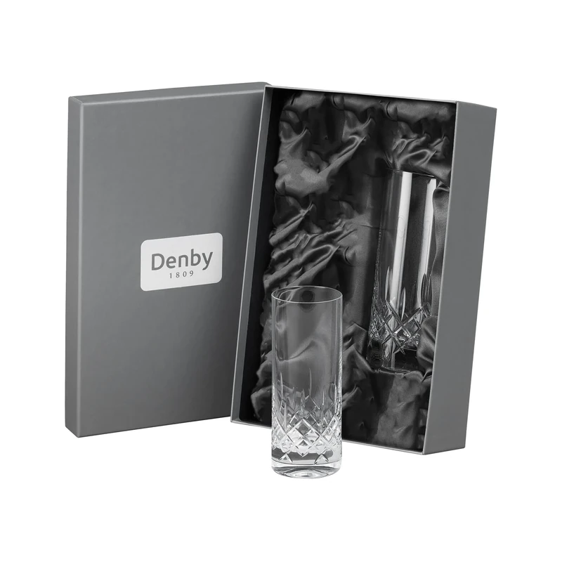 Denby - Celeste Crystal Large Tumbler Glasses Set of 2-370ml Highball, Lead-Free, Hand Blown, Hand Cut Design - Juice, Water Glass - Dishwasher Safe - Tall Cocktail Glasses with Gift Box