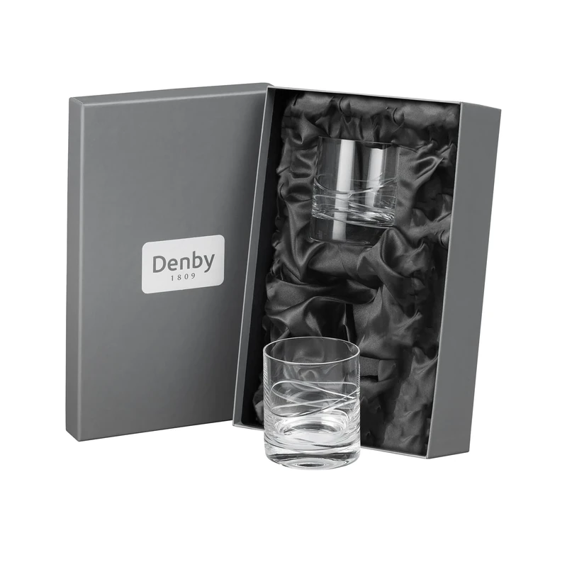 Denby - Aurora Crystal Small Tumbler Glasses Set of 2-360ml Lead-Free, Hand Blown, Hand Cut - Juice, Water Glass - Dishwasher Safe - Whisky, Rum On The Rocks, Short Cocktail Glasses with Gift Box